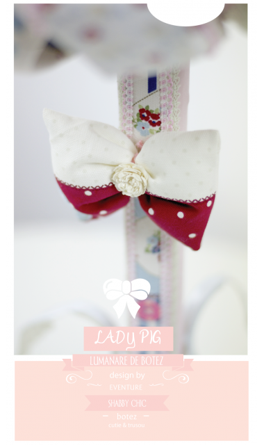 Lumanare de botez shabby chic pentru fetite, 65x4 cm, Lady Pig  5